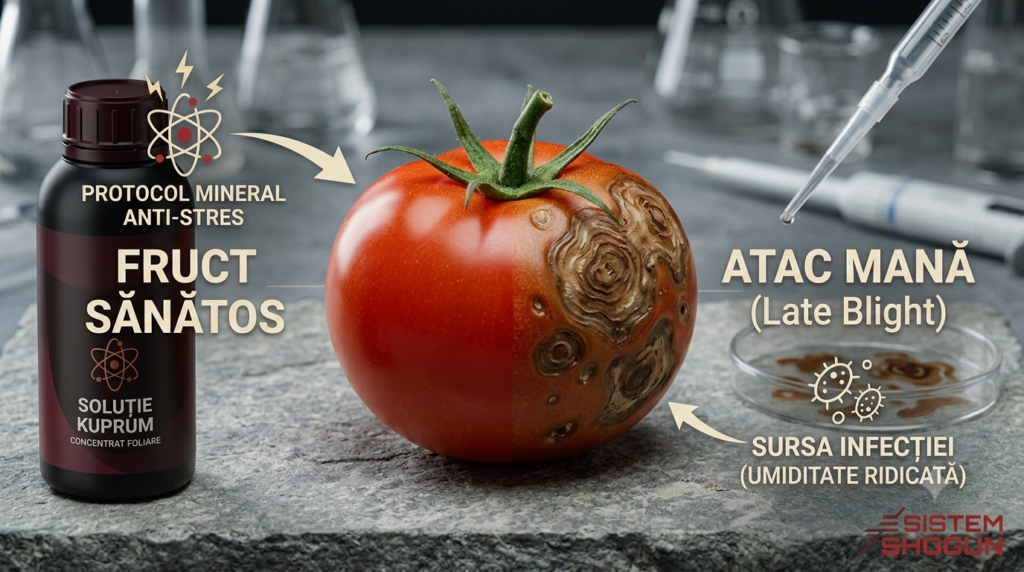 Infografic Mana Tomatelor: Comparatie fruct sanatos vs fruct atacat, stil Shogun.