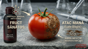 Infografic Mana Tomatelor: Comparatie fruct sanatos vs fruct atacat, stil Shogun.