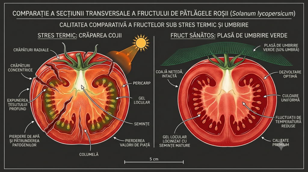 Infografic cu prevenirea crăpării roșiilor la caniculă prin udare și umbrire