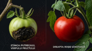 Tomată verde pe rug atacată de putregai apical comparată cu o roșie coaptă și sănătoasă, stil Shogun.