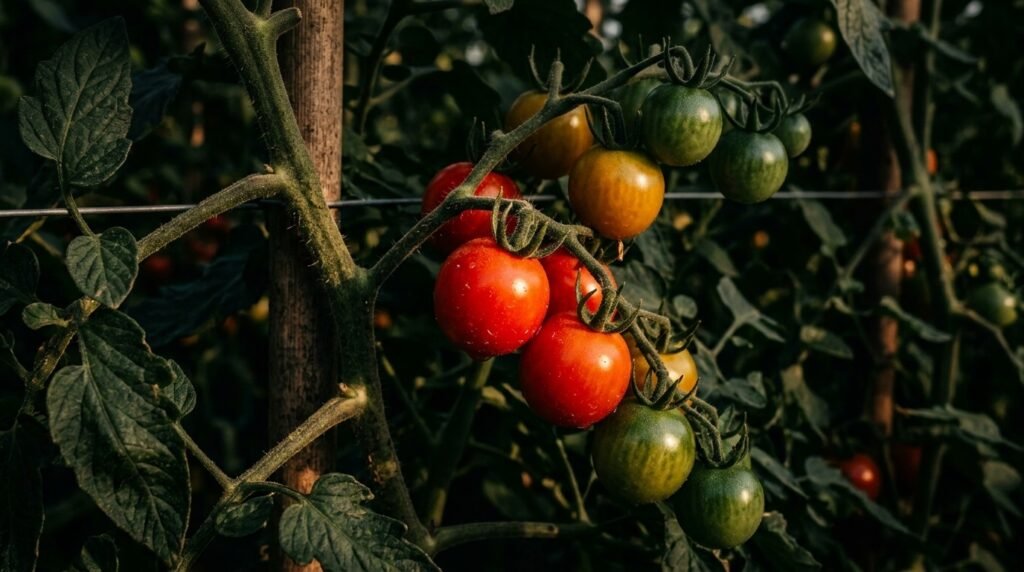 Tomate pe rug în proces de coacere de la verde la roșu intens cu lumină caldă de toamnă
