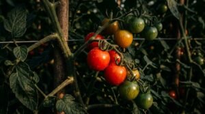 Tomate pe rug în proces de coacere de la verde la roșu intens cu lumină caldă de toamnă