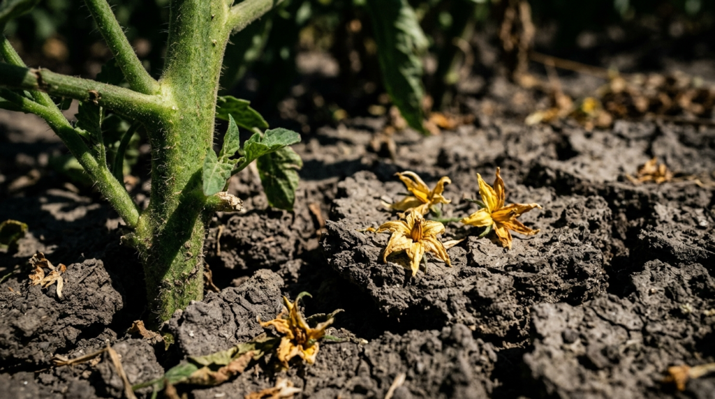 Flori galbene uscate de tomate căzute pe sol crăpat lângă o tulpină viguroasă