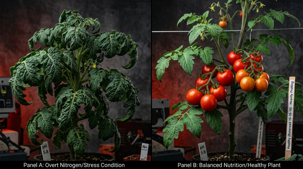 Comparatie intre frunze de tomate umflate de exces de azot si planta echilibrata de tomate cu fructe legate