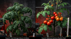 Comparatie intre frunze de tomate umflate de exces de azot si planta echilibrata de tomate cu fructe legate