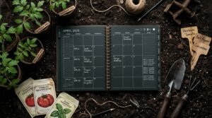 Calendarul gradinarului 2026 rasaduri tinere de tomate si unelte de semanat pe sol reavăn