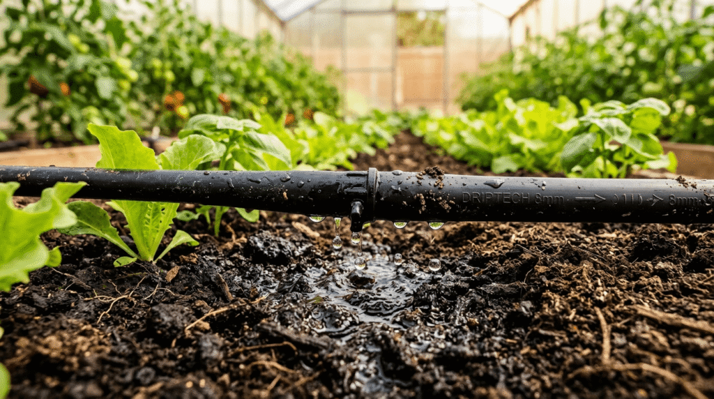 Sistem de irigare prin picurare cu banda de picurare montata la baza plantelor de tomate