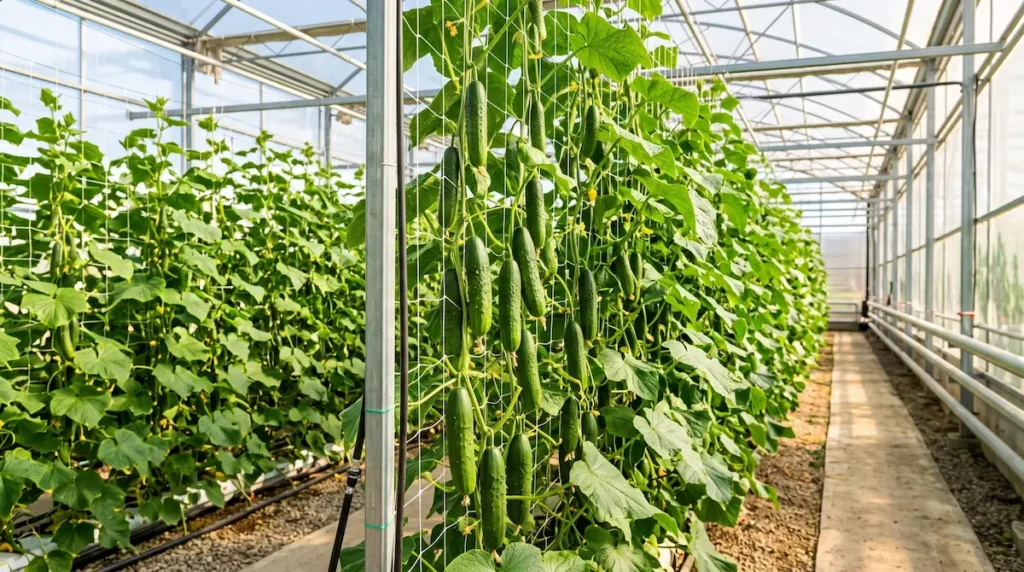 Castraveti verzi sanatosi crescand pe plasa de palisare intr-un solar