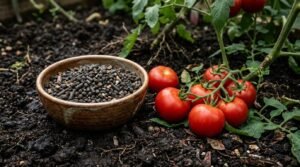 Ingrasaminte organice peleți de gunoi de grajd si extracte bio langa tomate coapte zemoase