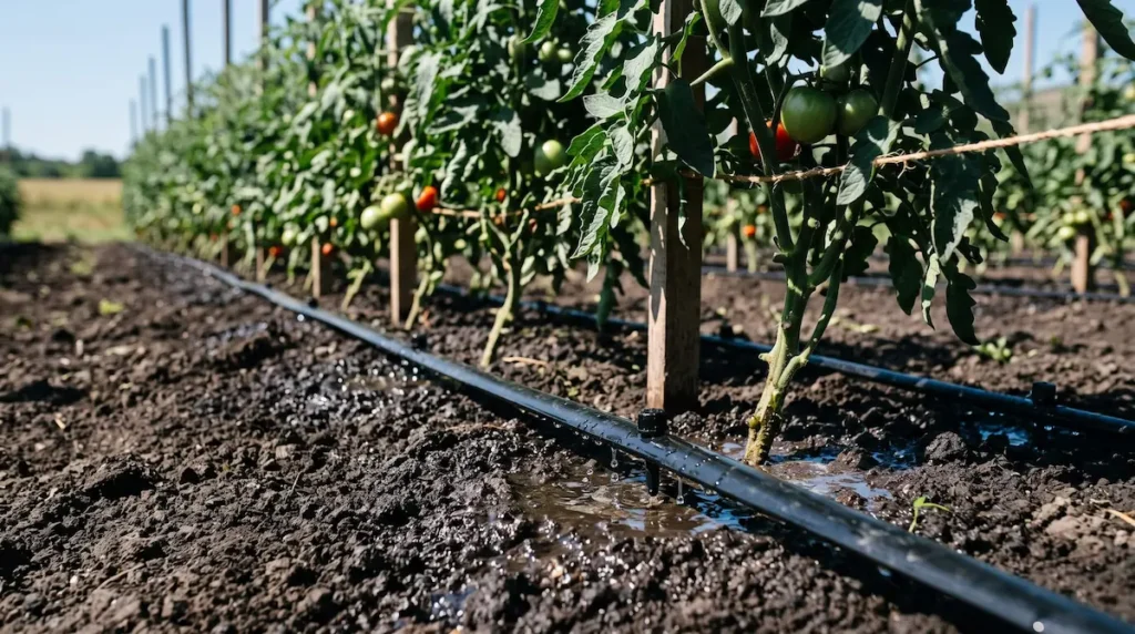 Banda de irigare prin picurare instalata la baza plantelor de tomate intr-o gradina