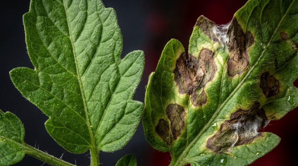 Frunză de tomată cu pată mare maronie uscată specifică manei Phytophthora infestans lângă frunză sănătoasă