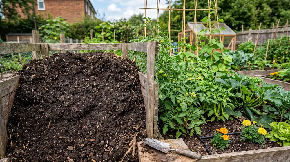 Morman de compost maturat de culoare închisă și răsaduri sănătoase de legume