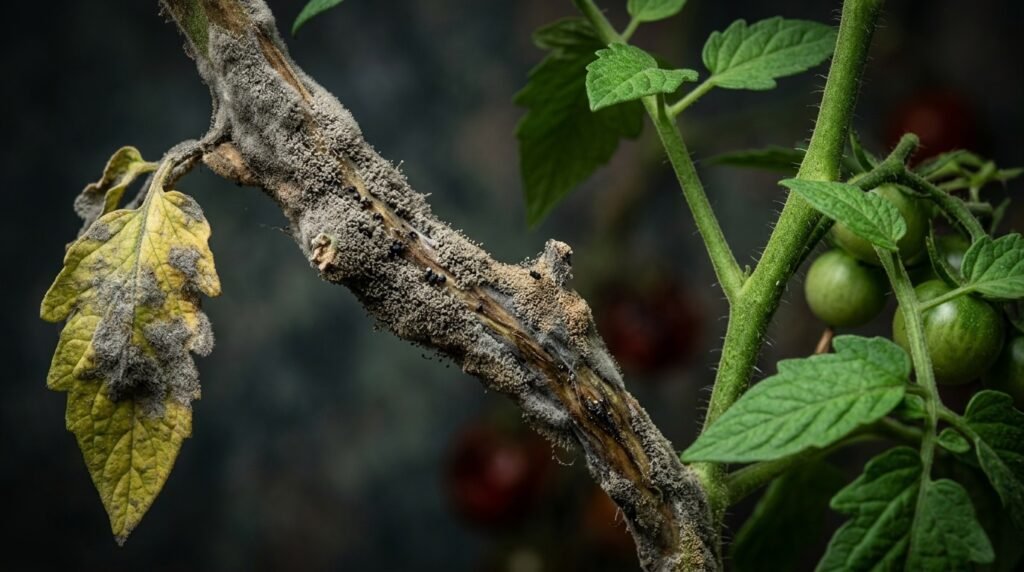Tulpină și fructe de tomate atacate de mucegaiul cenușiu Botrytis cinerea cu puf gri pe rană