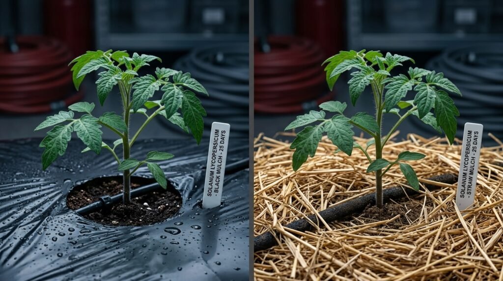 Comparatie intre mulcire cu folie neagra profesionala si mulcire organica cu paie la baza plantelor de tomate