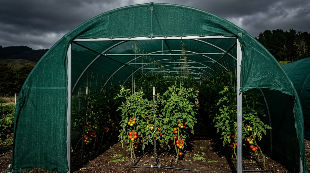 Plasa verde de umbrire montata peste structura unui solar cu tomate protejate de soarele puternic