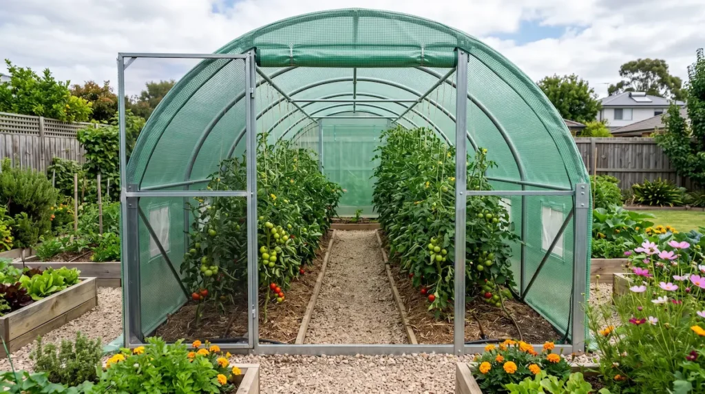 Solar de gradina tip tunel din teava galvanizata si folie armata cu tomate pe rod înăuntru