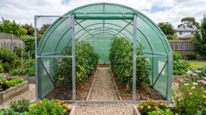 Solar de gradina tip tunel din teava galvanizata si folie armata cu tomate pe rod înăuntru 