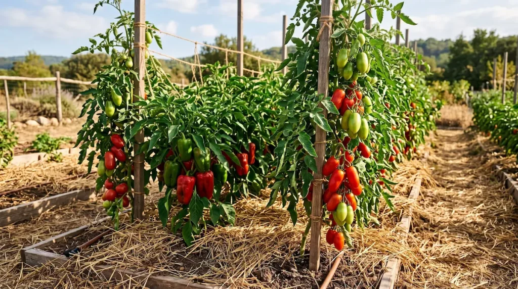 Tomate si ardei sanatosi rodind pe sol uscat mulcit intr-o gradina de legume