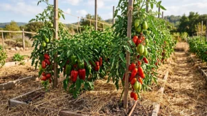 Tomate si ardei sanatosi rodind pe sol uscat mulcit intr-o gradina de legume
