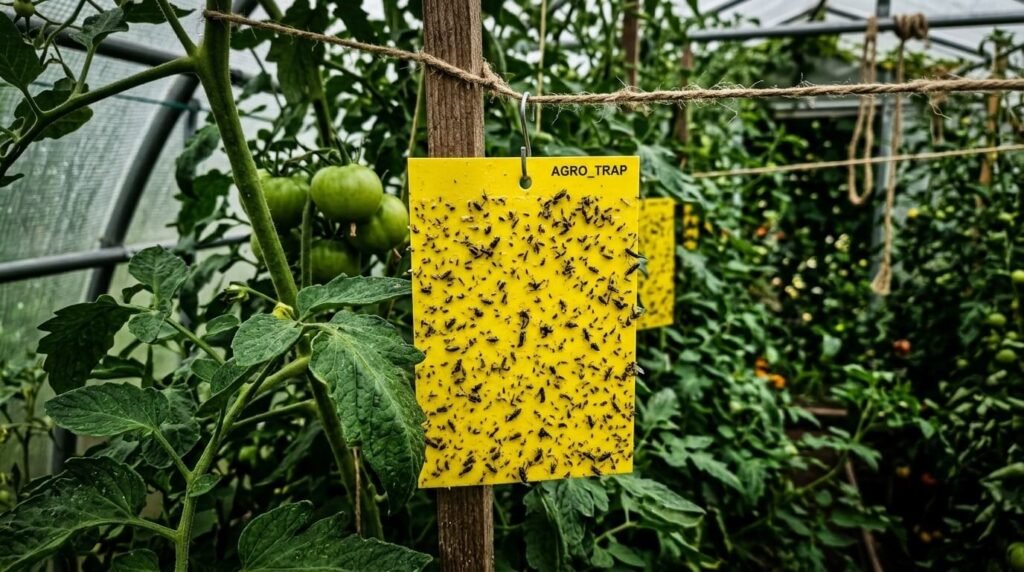 Capcană lipicioasă galbenă pentru dăunători și pulverizator bio lângă o plantă sănătoasă de tomate