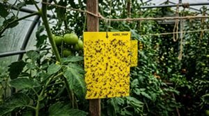 Capcană lipicioasă galbenă pentru dăunători și pulverizator bio lângă o plantă sănătoasă de tomate
