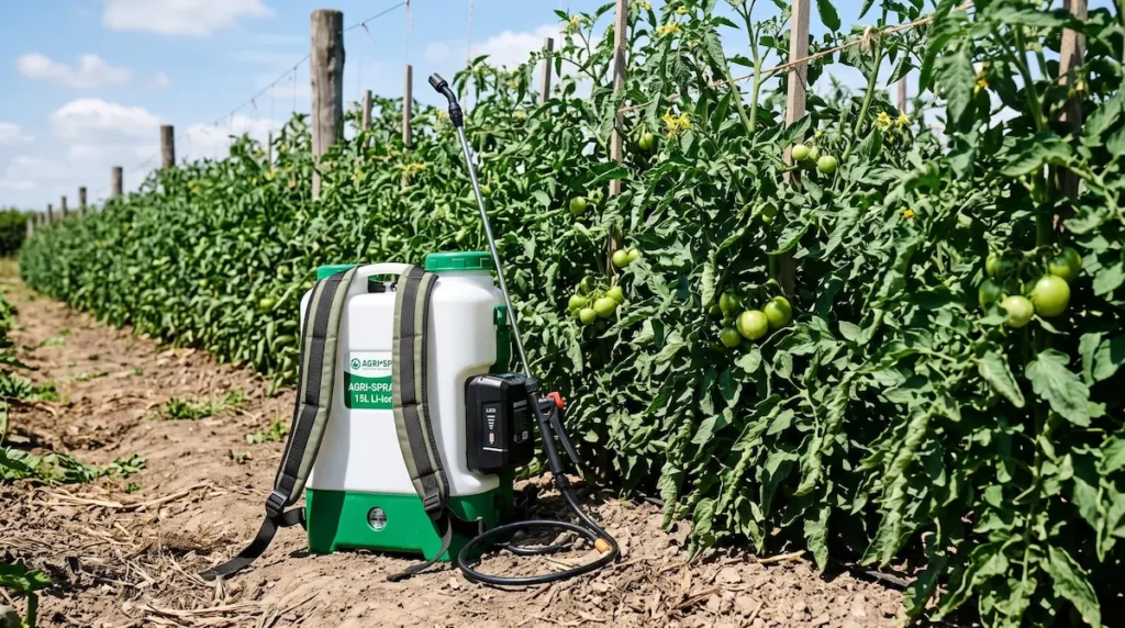 Pompa de stropit electrica pe acumulator langa randuri de legume ingrijite