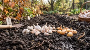 Căței de usturoi și arpagic pregătiți pentru plantare în sol reavăn de toamnă