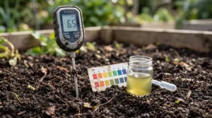 Măsurarea pH-ului din solul grădinii bio cu aparat digital și hârtie de turnesol