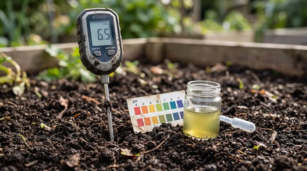 Măsurarea pH-ului din solul grădinii bio cu aparat digital și hârtie de turnesol