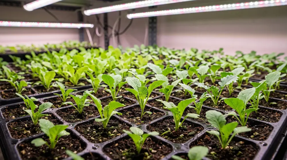 Răsaduri bio de legume verzi și viguroase crescute sub lampă LED în tăvițe alveolate