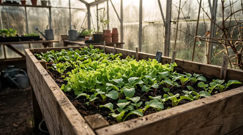 Răsadniță bio din lemn cu răsaduri verzi de salată și ridichi în solar