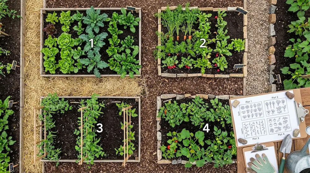 Schemă grafică cu rotația culturilor pe 4 parcele în grădina de legume bio