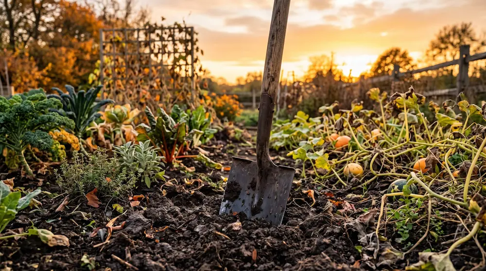 Cazma înfiptă în solul reavăn de toamnă într-o grădină de legume